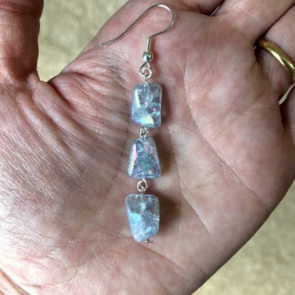 Blue Aurora Borealis Dangle Earrings, Handmade, Twist Beads, Silver Plate - Picture 3 of 4